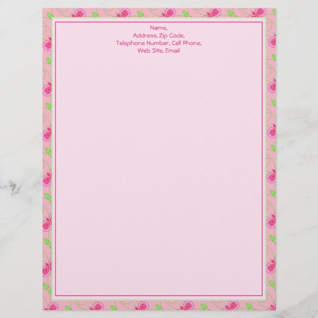 Personalized Pink Flowered Stationary Or Letterhead (Front)