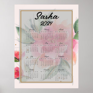 Personalized Pink flowers  calendar     Poster