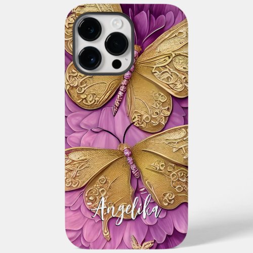 Personalized Pink Flowers Gold Butterflies Name Case_Mate iPhone 14 Pro Max Case