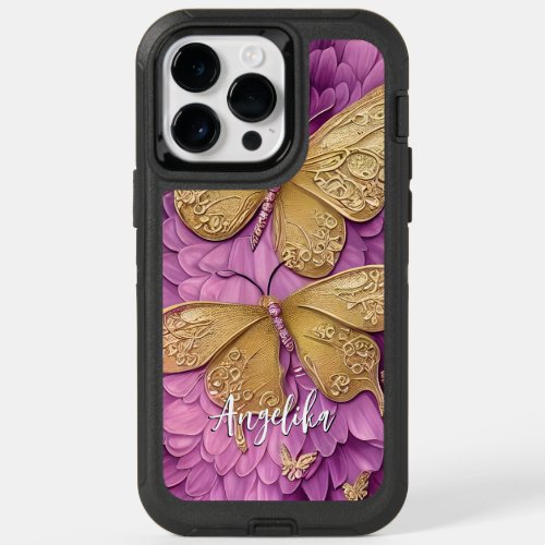 Personalized Pink Flowers Gold Butterflies Name OtterBox iPhone 14 Pro Max Case