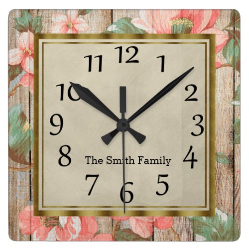Personalized Pink Flowers Green Leaves Rustic Wood Square Wall Clock