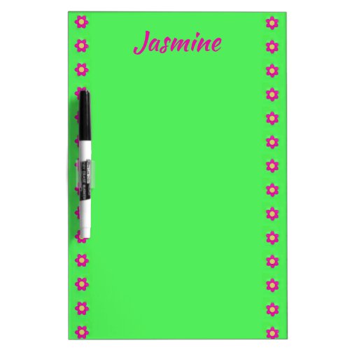 Personalized pink flowers on green dry erase board