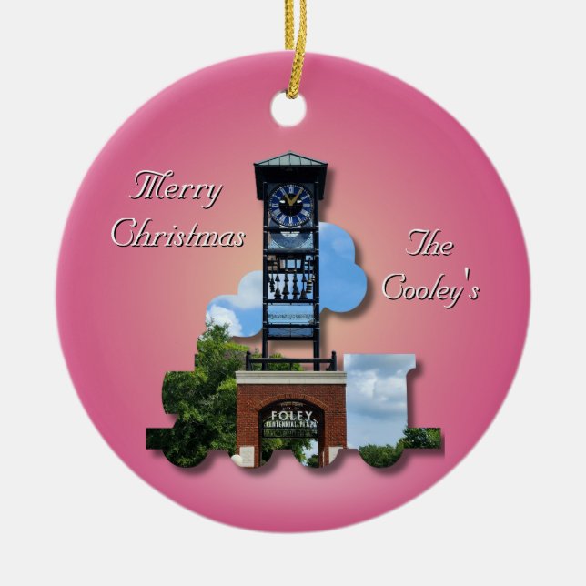 Personalized (Pink) Foley Clock Tower & Train Ceramic Ornament (Front)
