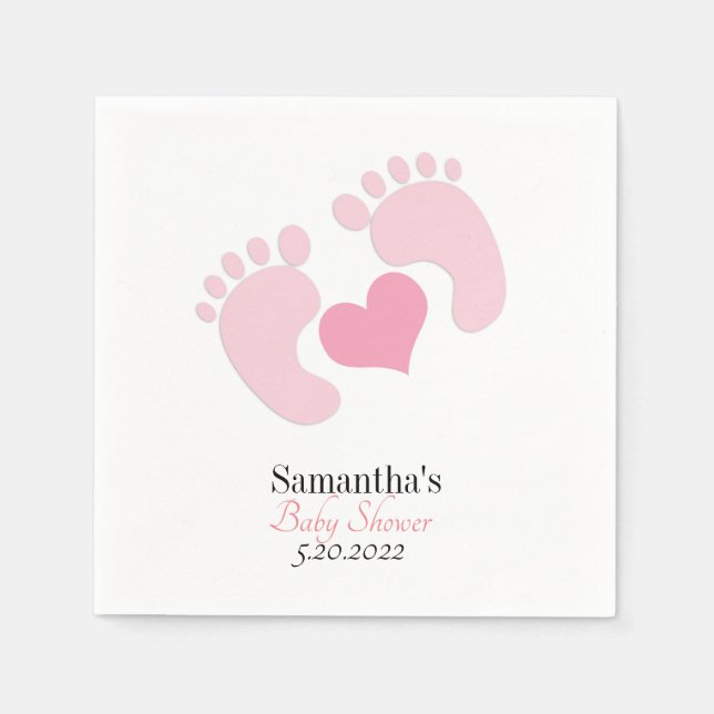 Personalized Pink Footprints Hearts Baby Shower Napkins (Front)