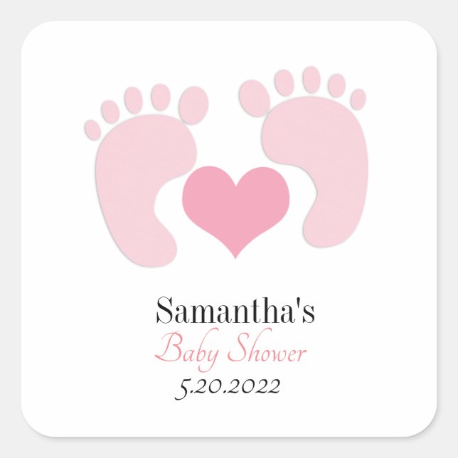 Personalized Pink Footprints Hearts Baby Shower Square Sticker (Front)