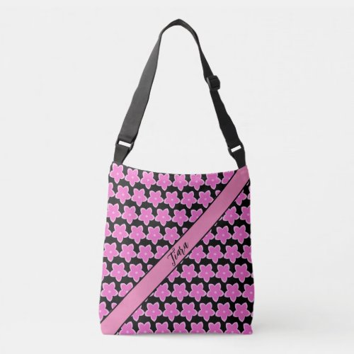 Personalized Pink Frangipani Flowers  Black  Crossbody Bag