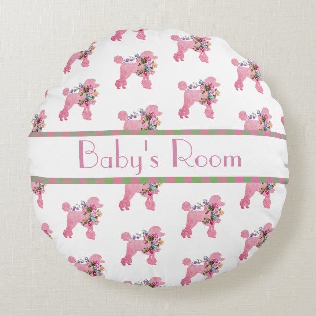 Personalized Pink French Poodle Round Pillow (Front)