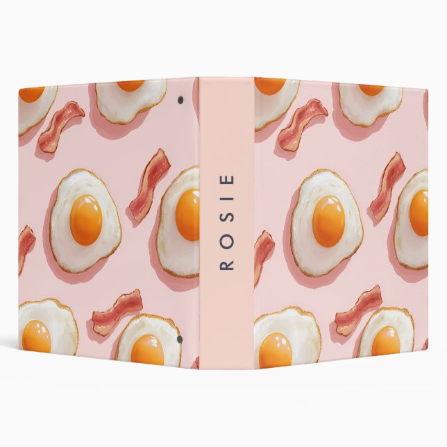 Personalized Pink Fried Eggs and Bacon Pattern 3 Ring Binder (Background)