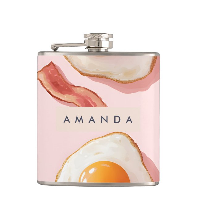 Personalized Pink Fried Eggs and Bacon Pattern Flask (Front)