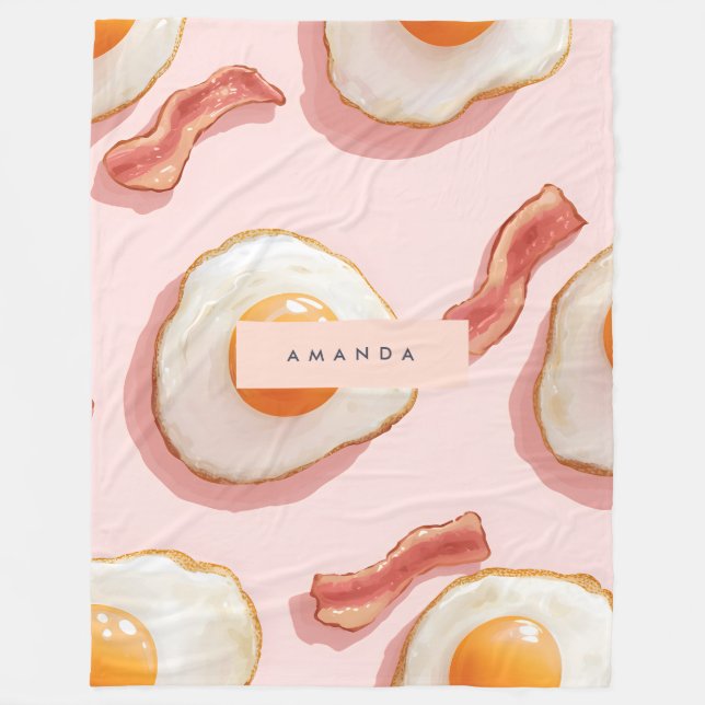 Personalized Pink Fried Eggs and Bacon Pattern Fleece Blanket (Front)