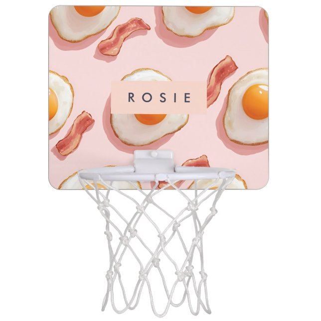 Personalized Pink Fried Eggs and Bacon Pattern Mini Basketball Hoop (Front)