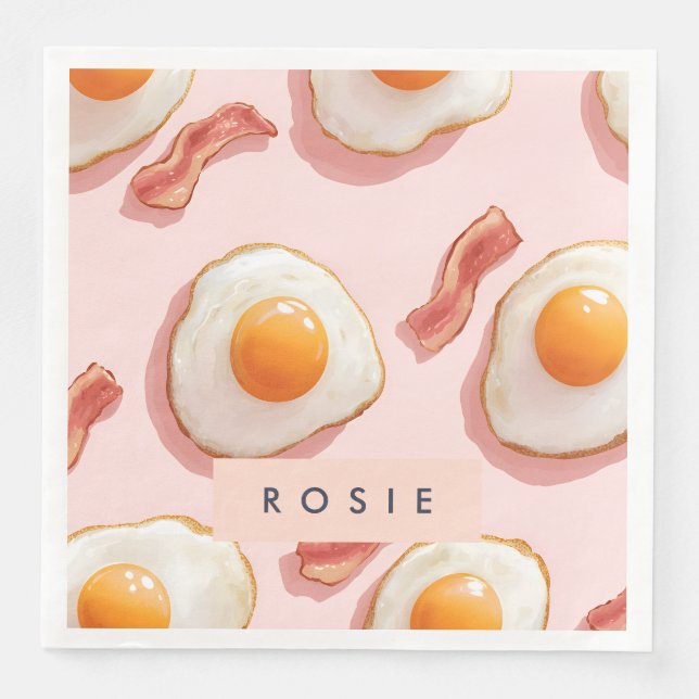 Personalized Pink Fried Eggs and Bacon Pattern Paper Dinner Napkins (Front)