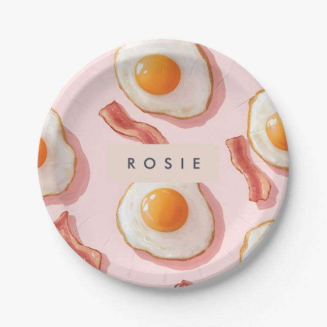 Personalized Pink Fried Eggs and Bacon Pattern Paper Plates (Front)
