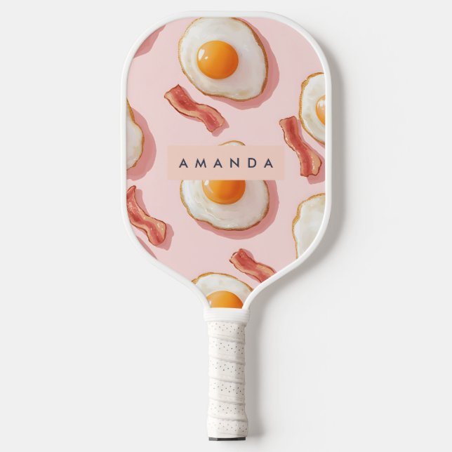 Personalized Pink Fried Eggs and Bacon Pattern Pickleball Paddle (Front)