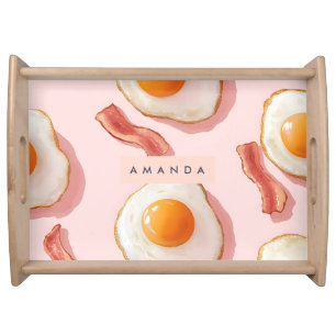 Personalized Pink Fried Eggs and Bacon Pattern Serving Tray