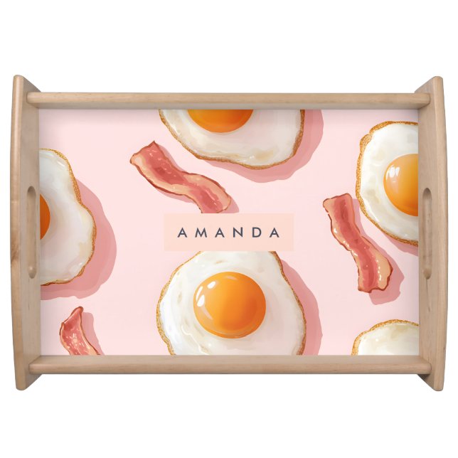 Personalized Pink Fried Eggs and Bacon Pattern Serving Tray (Front)