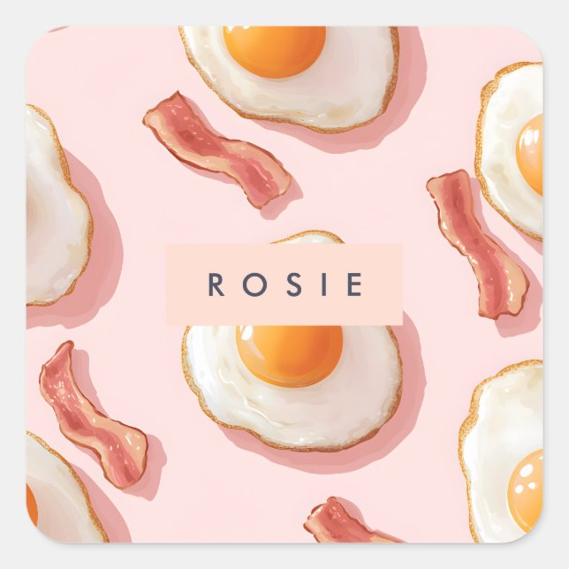 Personalized Pink Fried Eggs and Bacon Pattern Square Sticker (Front)