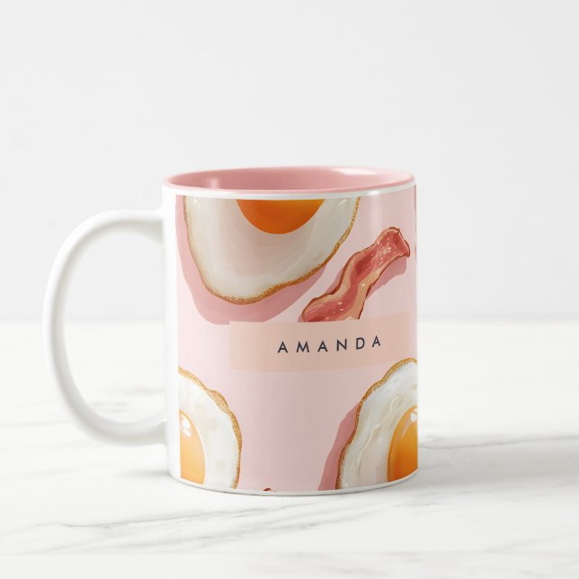 Personalized Pink Fried Eggs and Bacon Pattern Two-Tone Coffee Mug (Left)