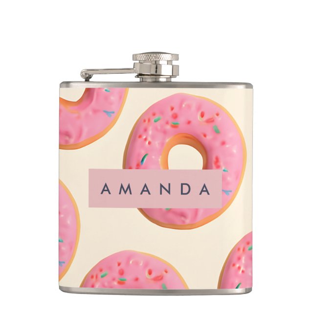Personalized Pink Frosted Donut Pattern Flask (Front)