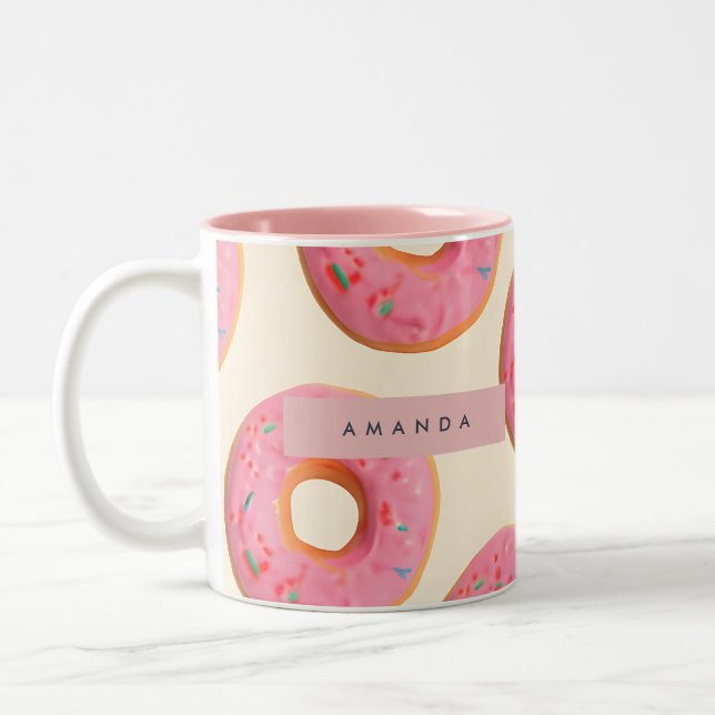 Personalized Pink Frosted Donut Pattern Two-Tone Coffee Mug (Left)