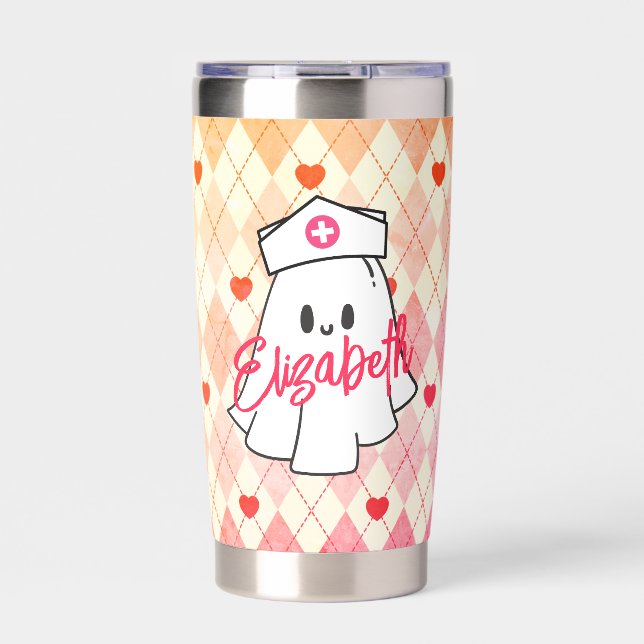 Personalized Pink Ghost Nurse Halloween Coffee Insulated Tumbler (Front)