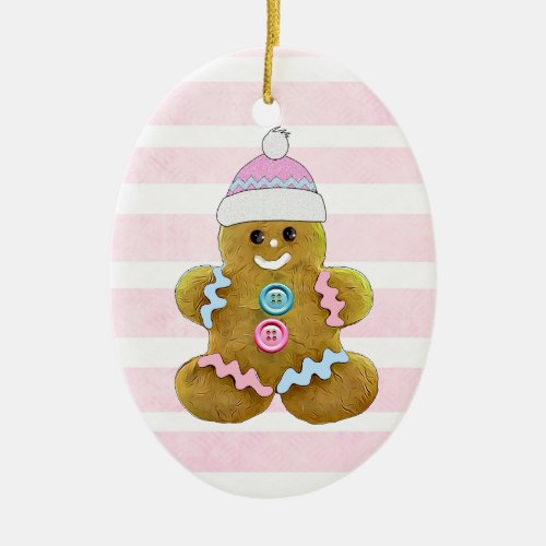 Personalized Pink Gingerbread Man Christmas Ceramic Ornament