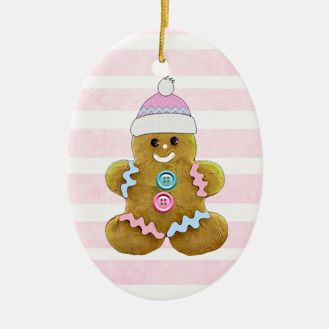 Personalized Pink Gingerbread Man Christmas Ceramic Ornament (Front)