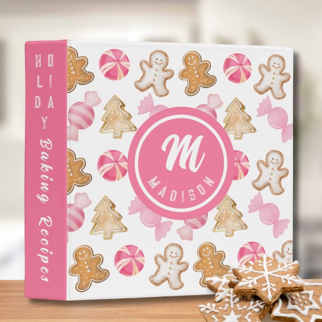Personalized Pink Gingerbread Pattern Monogram 3 Ring Binder (Creator Uploaded)