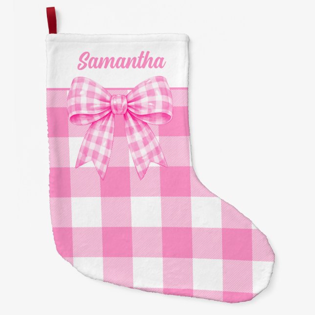 Personalized Pink Gingham Bow Christmas Stocking (Front)