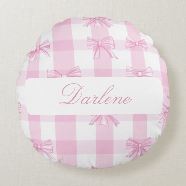 Personalized Pink Gingham Bow Round Pillow (Front)