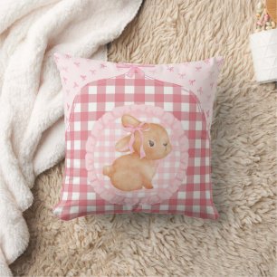 Personalized Pink Gingham Bunny Nursery Girl Throw Pillow
