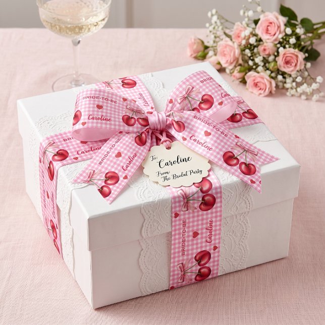 Personalized Pink Gingham Cherry Bride-to-Be Satin Ribbon (Creator Uploaded)