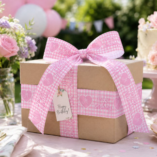 Personalized Pink Gingham Heart Birthday Monogram Satin Ribbon