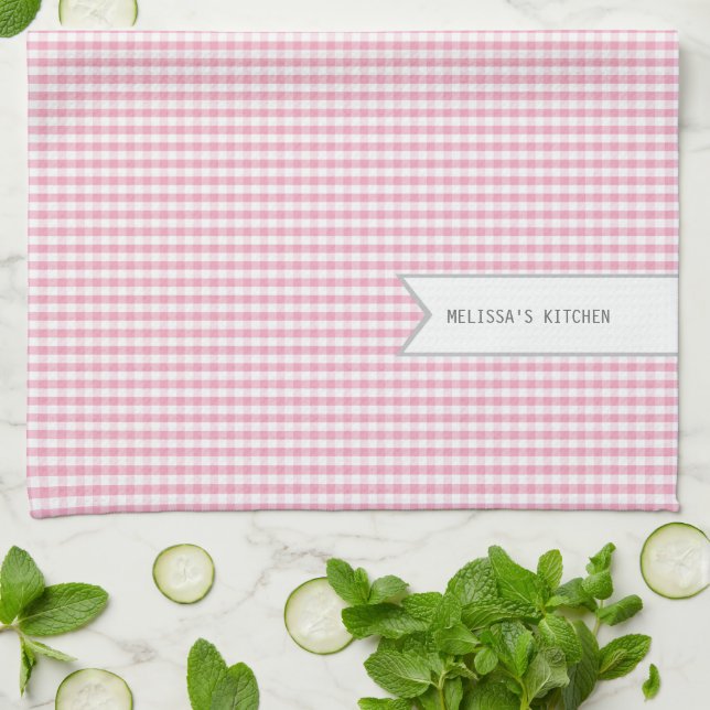 Personalized Pink Gingham Kitchen Towel (Folded)