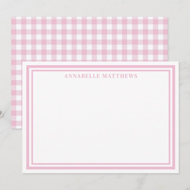 Personalized Pink Gingham Monogram Name Note Card (Front/Back)