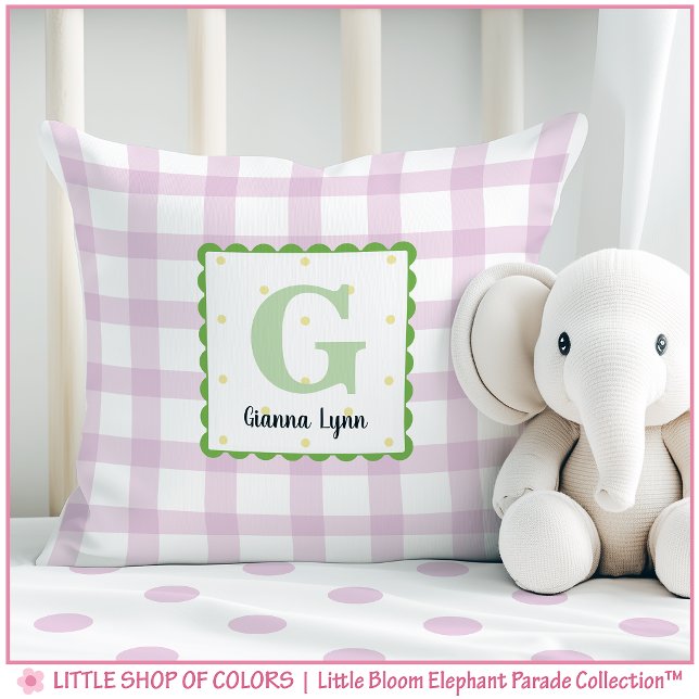 Personalized Pink Gingham Monogram Nursery Throw Pillow (Creator Uploaded)
