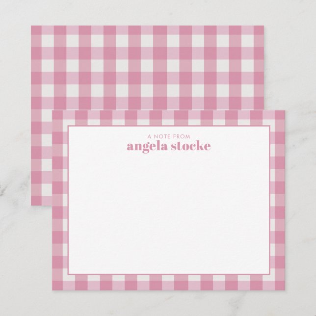 Personalized Pink Gingham Note Card (Front/Back)