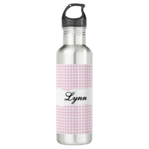 Personalized Pink Gingham Pattern & Custom Name Stainless Steel Water Bottle