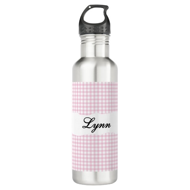 Personalized Pink Gingham Pattern & Custom Name Stainless Steel Water Bottle (Front)
