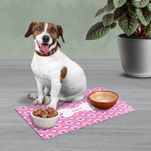 Personalized Pink Gingham Paw Prints Dog Bone Pet Placemat