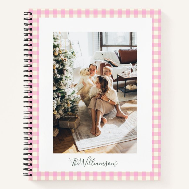 Personalized Pink Gingham Plaid Family Photo Notebook (Front)