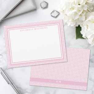 Personalized Pink Gingham Plaid Note Card