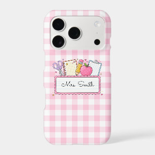 Personalized Pink Gingham Teacher iPhone 17 Pro Case