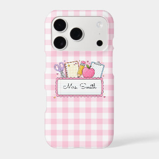 Personalized Pink Gingham Teacher iPhone 17 Pro Case
