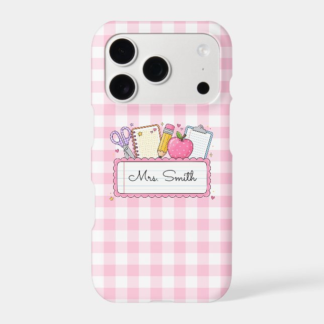 Personalized Pink Gingham Teacher iPhone Case (Back)