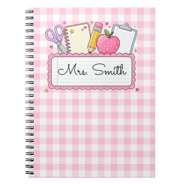 Personalized Pink Gingham Teacher Notebook (Front)