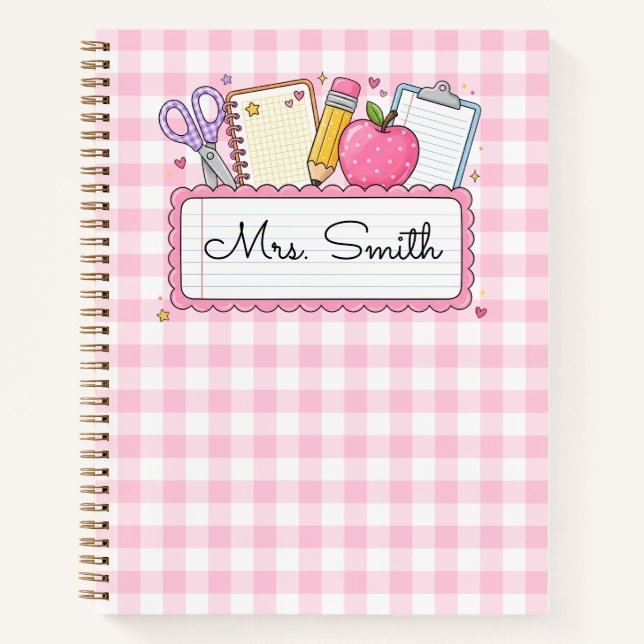 Personalized Pink Gingham Teacher Notebook (Front)