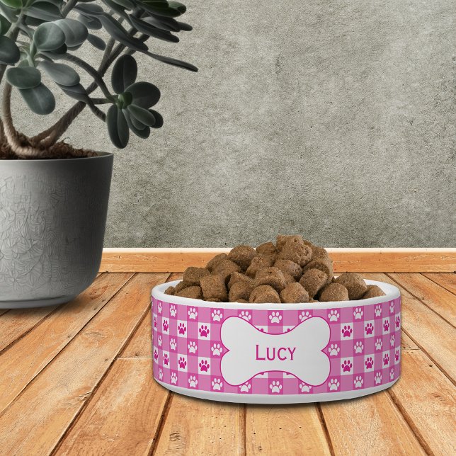 Personalized Pink Gingham with Paw Prints and Bone Bowl (Creator Uploaded)