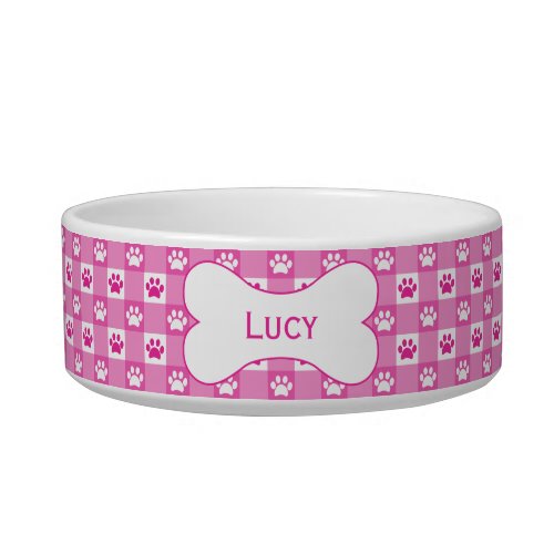 Personalized Pink Gingham with Paw Prints and Bone Bowl
