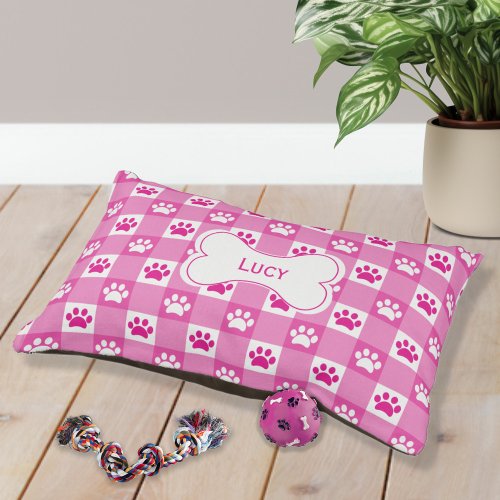 Personalized Pink Gingham with Paw Prints Pet Bed